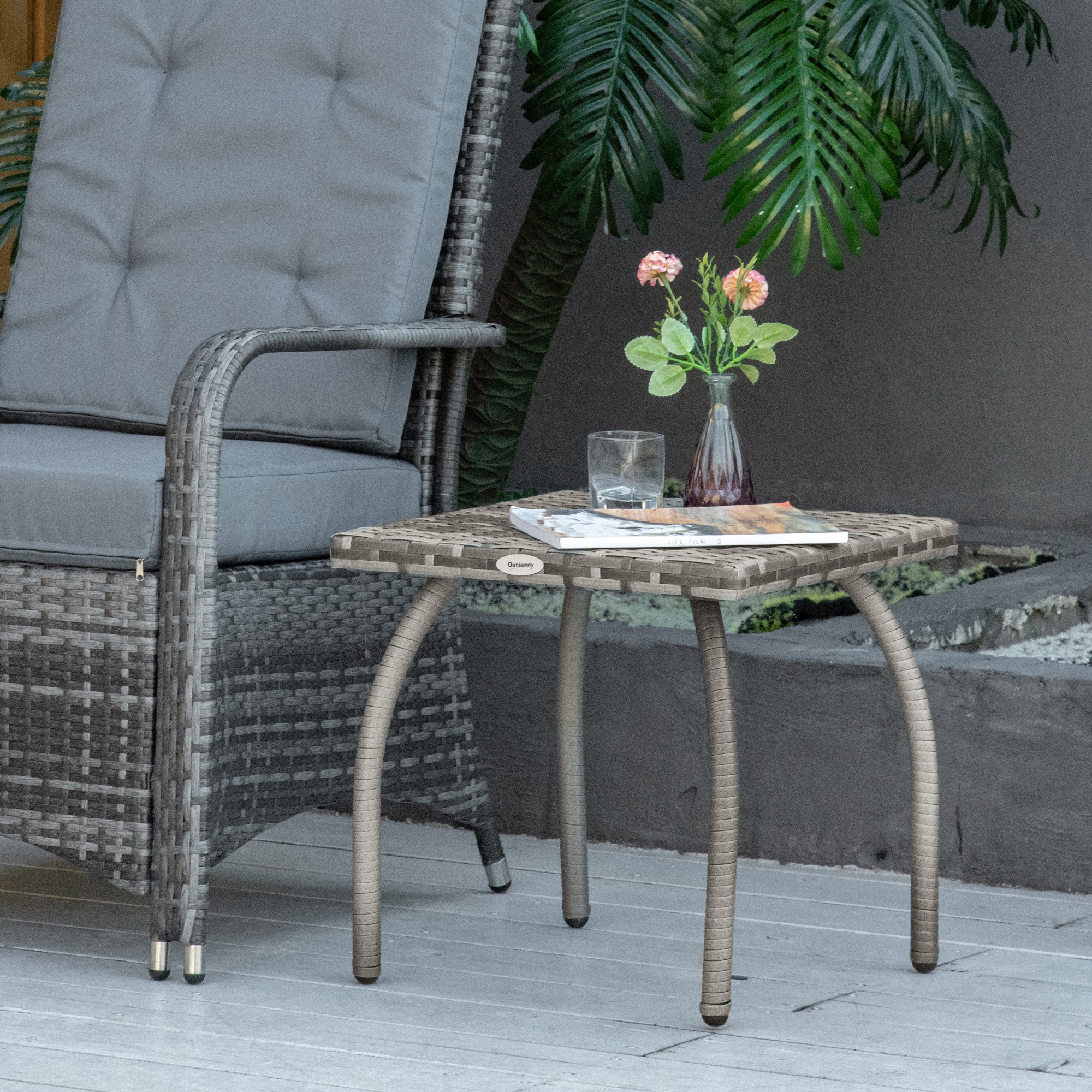 Mesa de Jardín de Ratán Mesita Auxiliar con Patas de Metal Carga 30 kg Mesa de Exterior para Patio Terraza Balcón 45x45x44 cm Gris