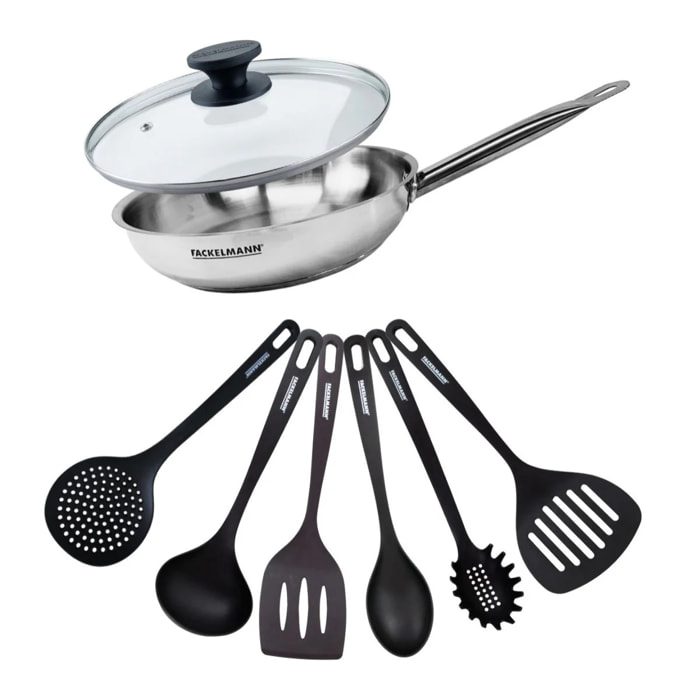 Set de 1 poêle en inox 1 couvercle en verre et 6 ustensiles RPET Fackelmann Eterna