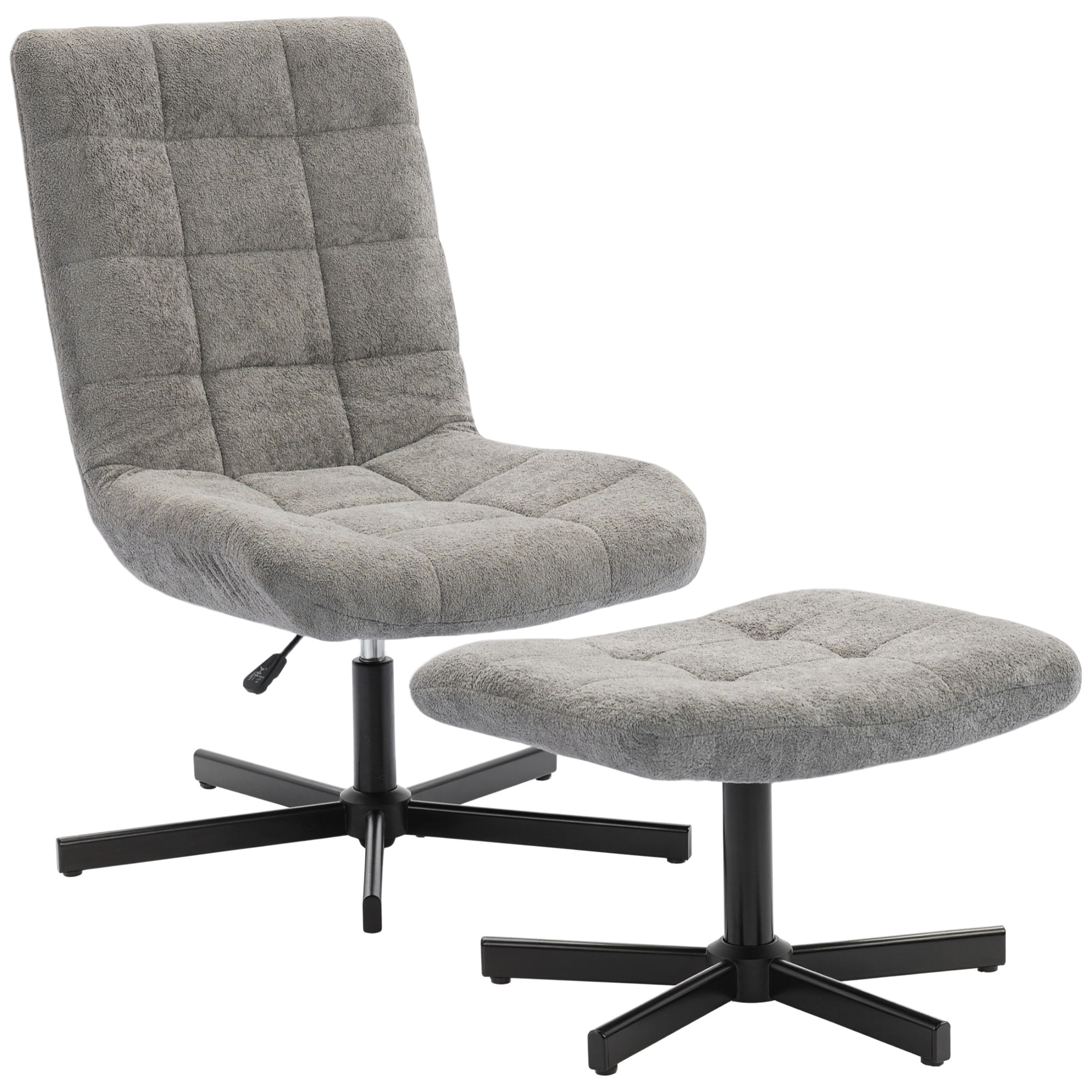 Fauteuil lounge inclinable pivotant avec repose-pieds métal noir tissu bouclé gris