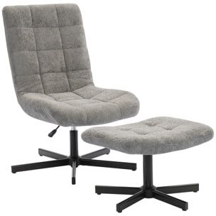 Fauteuil lounge inclinable pivotant avec repose-pieds métal noir tissu bouclé gris