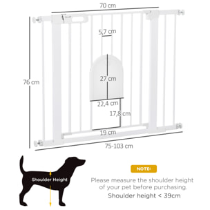 Barrière de sécurité chien H.76 cm - porte verrouillable - fixation par pression 75-103 cm - acier ABS blanc