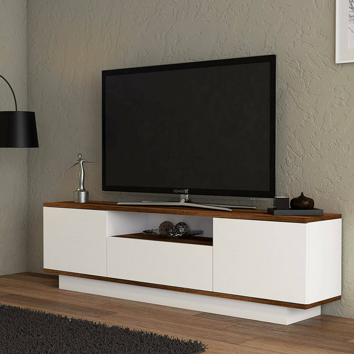 Mobile porta TV Dprat, Credenza da soggiorno, Armadio basso per TV, Base parete attrezzata, 160x30h45 cm, Noce e Bianco