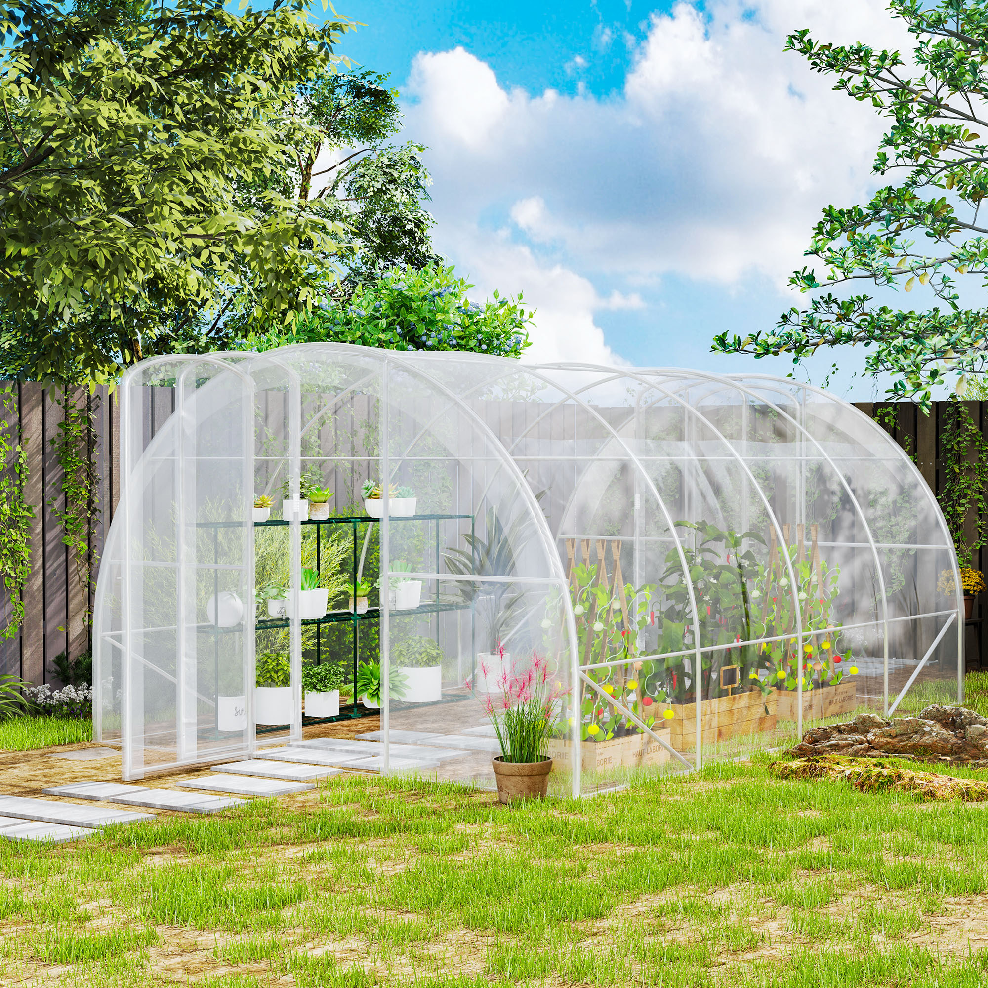 Invernadero de Túnel 4x3x2 m Invernadero de Jardín con 2 Puertas Cubierta PE 150g/m² Estructura de Acero Galvanizado y Techo Redondeado para Cultivos Plantas Flores Transparente