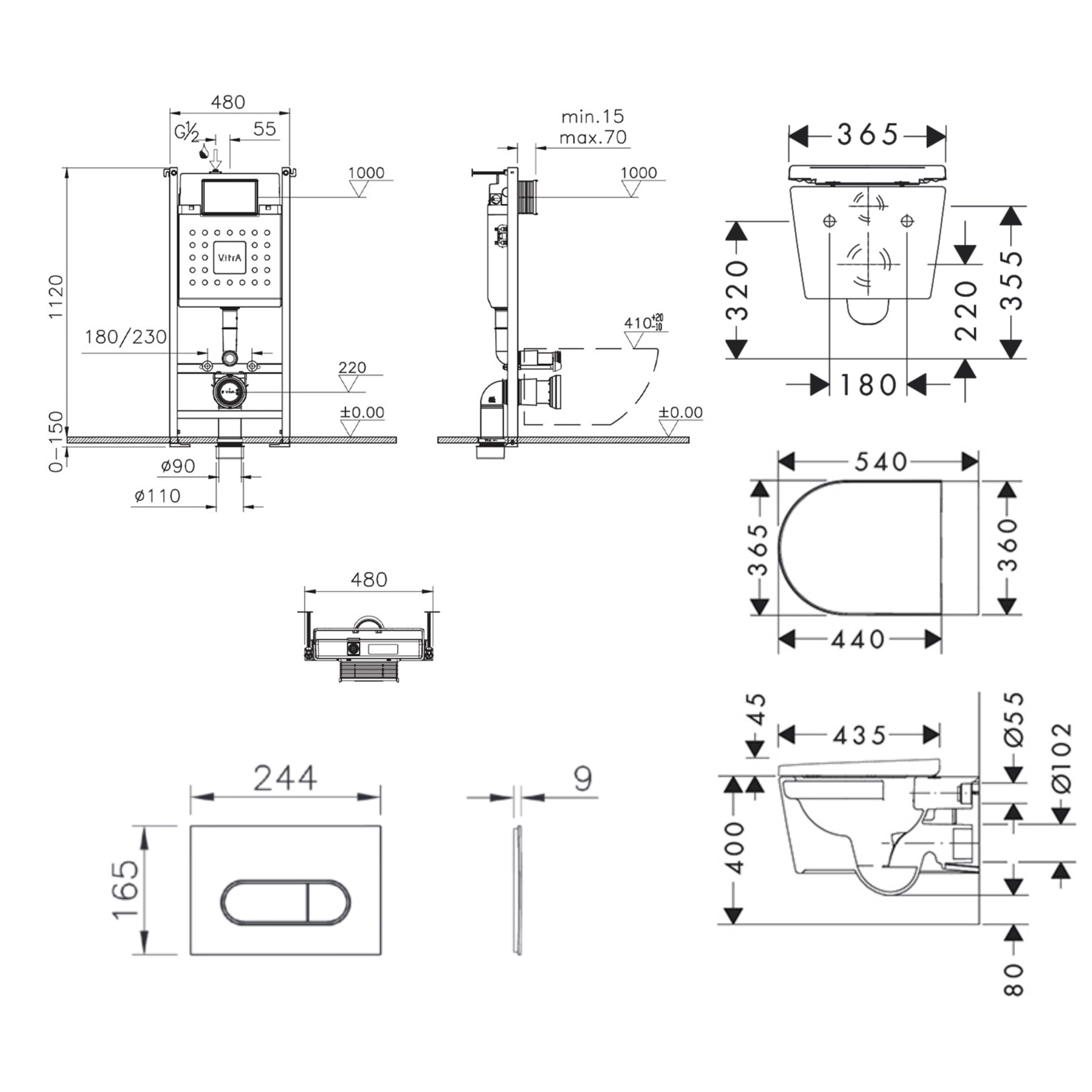 V-Fix Core Pack WC bâti-support + WC sans bride Hansgrohe EluPuraS + Abattant SoftClose + Plaque Noir mat (VFIXPURA9)