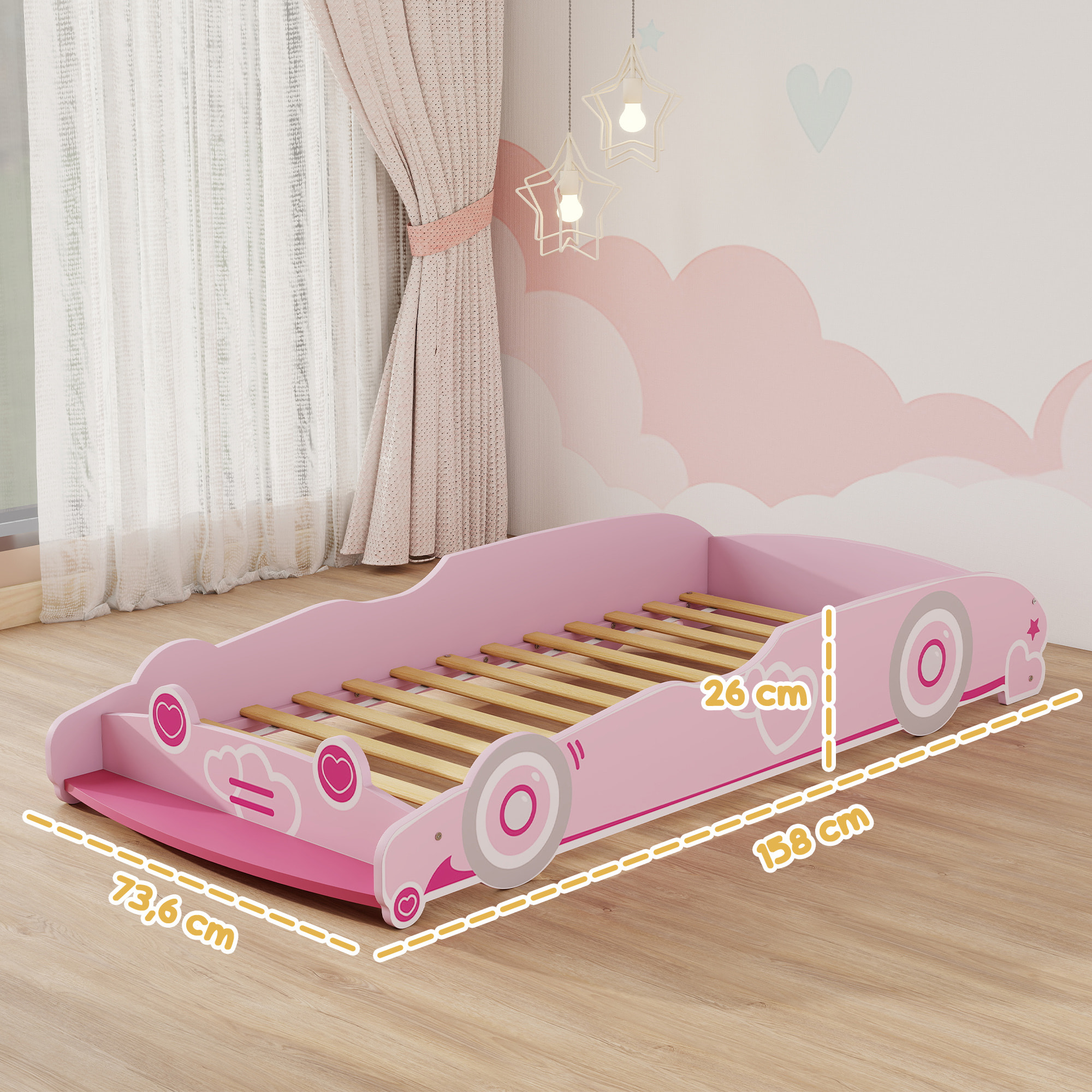 Cama Infantil 70x140 cm, Forma de Coche, Cama para Niños con Barrera Anticaídas y Somier, para Niños y Niñas de 3-5 Años, Rosa
