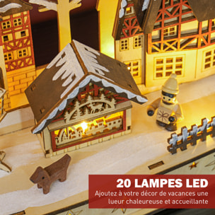 Village de Noël lumineux animé en bois - 20 LED - dim. 45L x 12l x 30H cm
