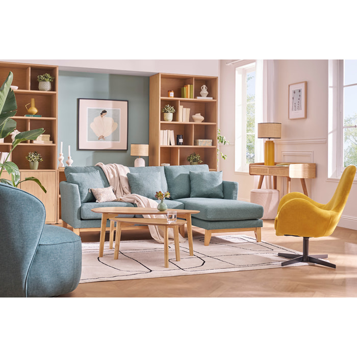 Canapé d'angle droit déhoussable scandinave 4 places en tissu vert de gris et bois clair OSLO