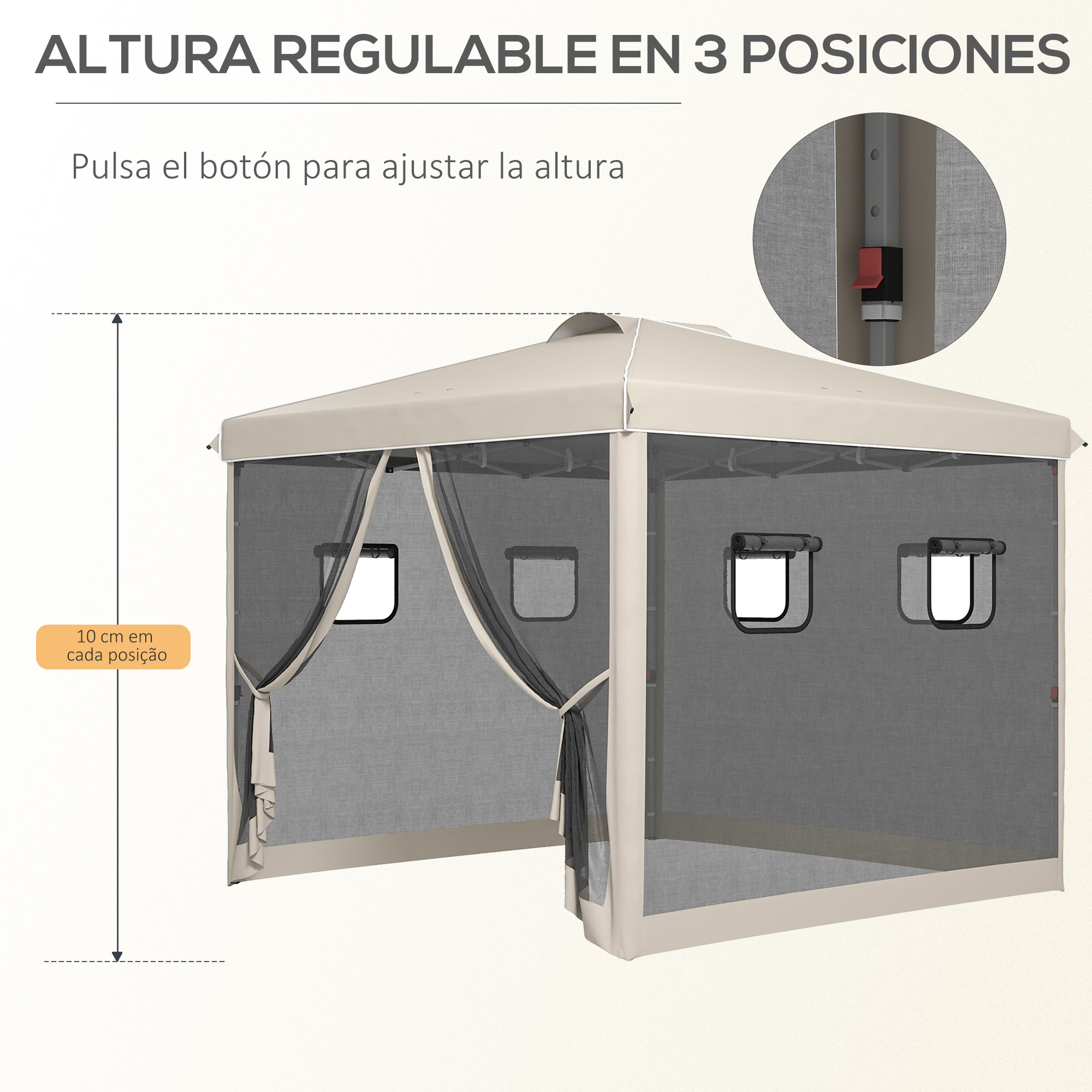 Carpa Plegable 3x3 m Cenador de Jardín con Pared Lateral de Malla 6 Ventanas Altura Ajustable en 3 Niveles Protección Rayos UV30+ e Impermeable para Camping Fiestas Beige