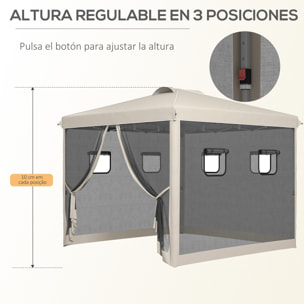 Carpa Plegable 3x3 m Cenador de Jardín con Pared Lateral de Malla 6 Ventanas Altura Ajustable en 3 Niveles Protección Rayos UV30+ e Impermeable para Camping Fiestas Beige