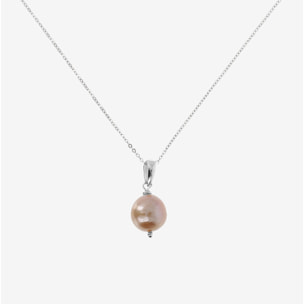 PERLAVIVA - Collana Lunga in Argento 925 placcato Oro Bianco 18Kt con Perla Ming d'Acqua Dolce Rosa Ø 12/13 mm