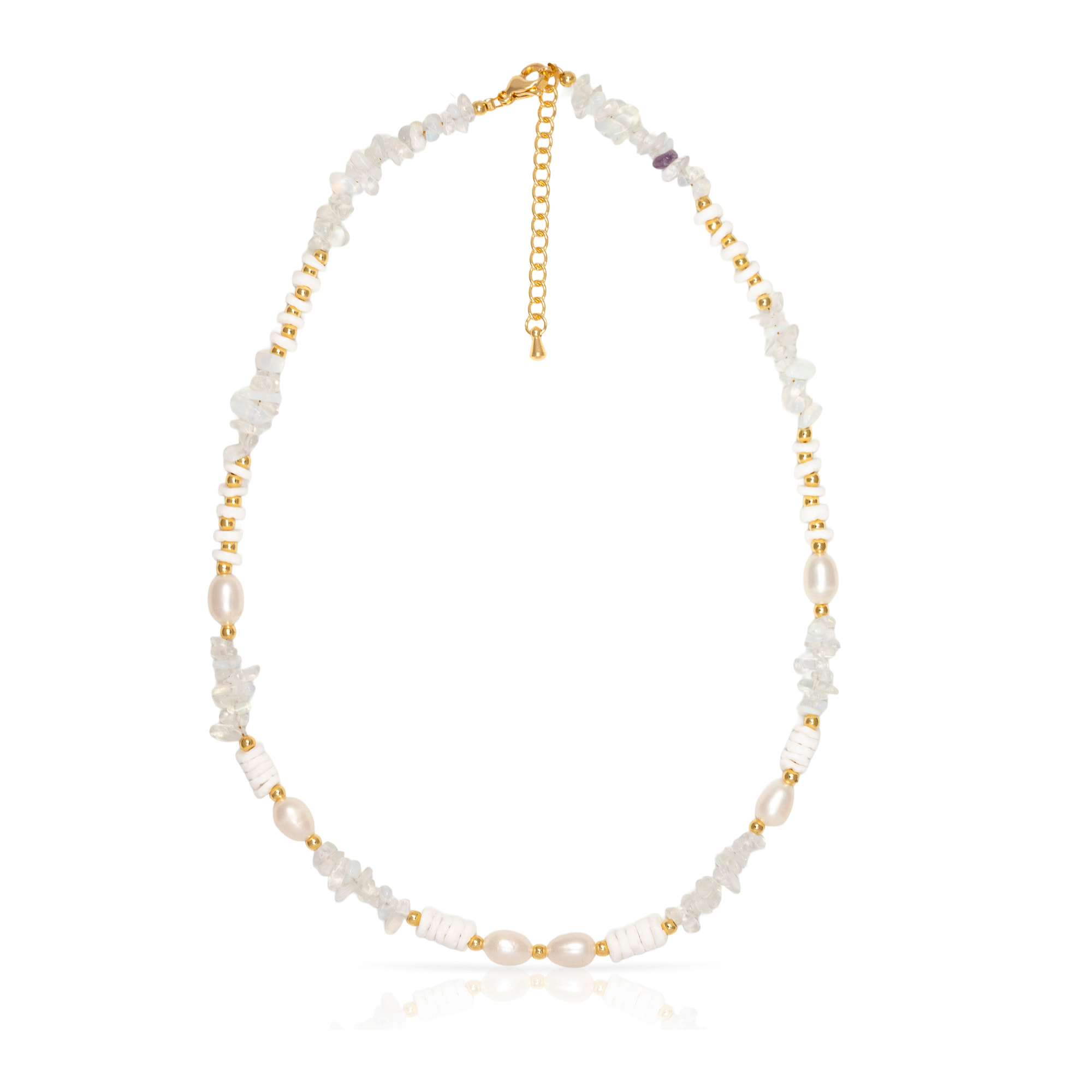 Set de pulsera y collar a juego de ópalo, conchas y perlas naturales con cierre de mosquetón.