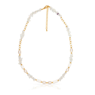 Set de pulsera y collar a juego de ópalo, conchas y perlas naturales con cierre de mosquetón.