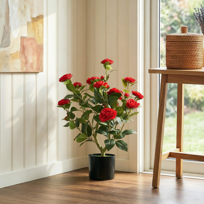 Planta Artificial de Camelia 65 cm, Árbol Artificial en Maceta con Flores de Seda Realistas, 116 Hojas y Efecto Musgo, Árbol Decorativo para Interior y Exterior, Ø15x65 cm, Rojo