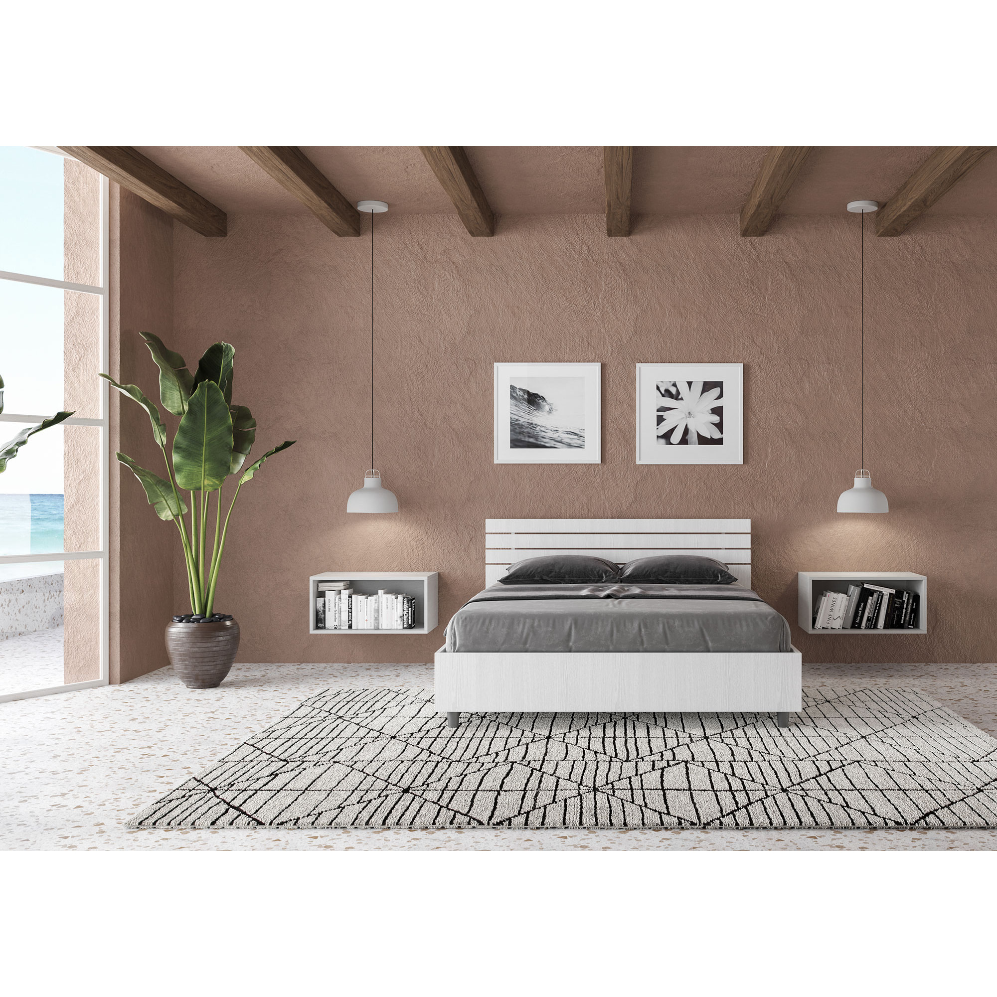 Lit double sans sommier 140x200 tête de lit inclinée avec des lames frêne blanc Ankel