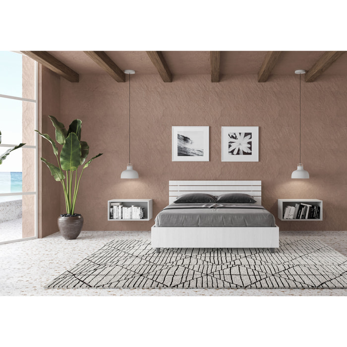 Lit double sans sommier 140x200 tête de lit inclinée avec des lames frêne blanc Ankel