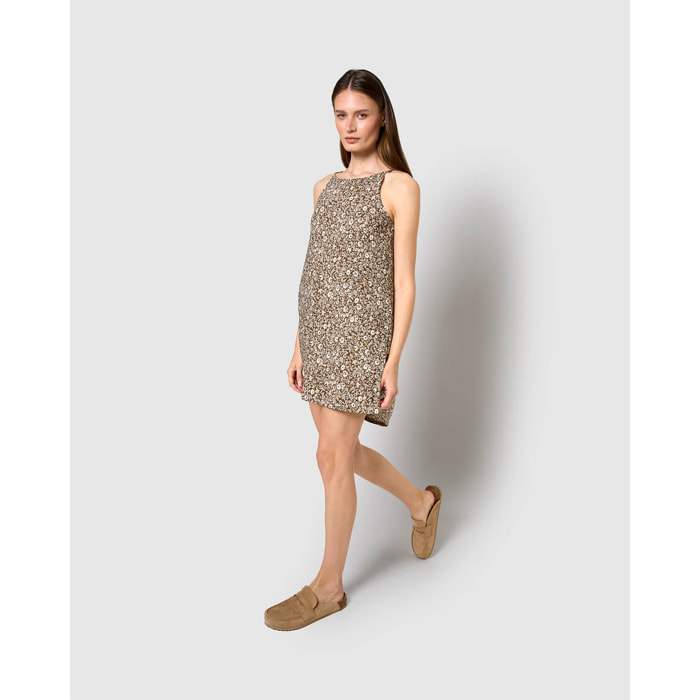 Vestido corto tirantes crepe linosa marrón