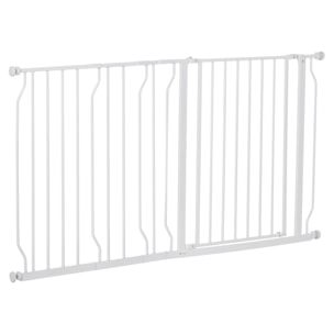 Barrera de Seguridad de Perros Extensible para Escaleras y Puertas 75-145 cm con 3 Extensiones de 10/20/30 cm Montaje a Presión Acero Altura 76 cm Blanco