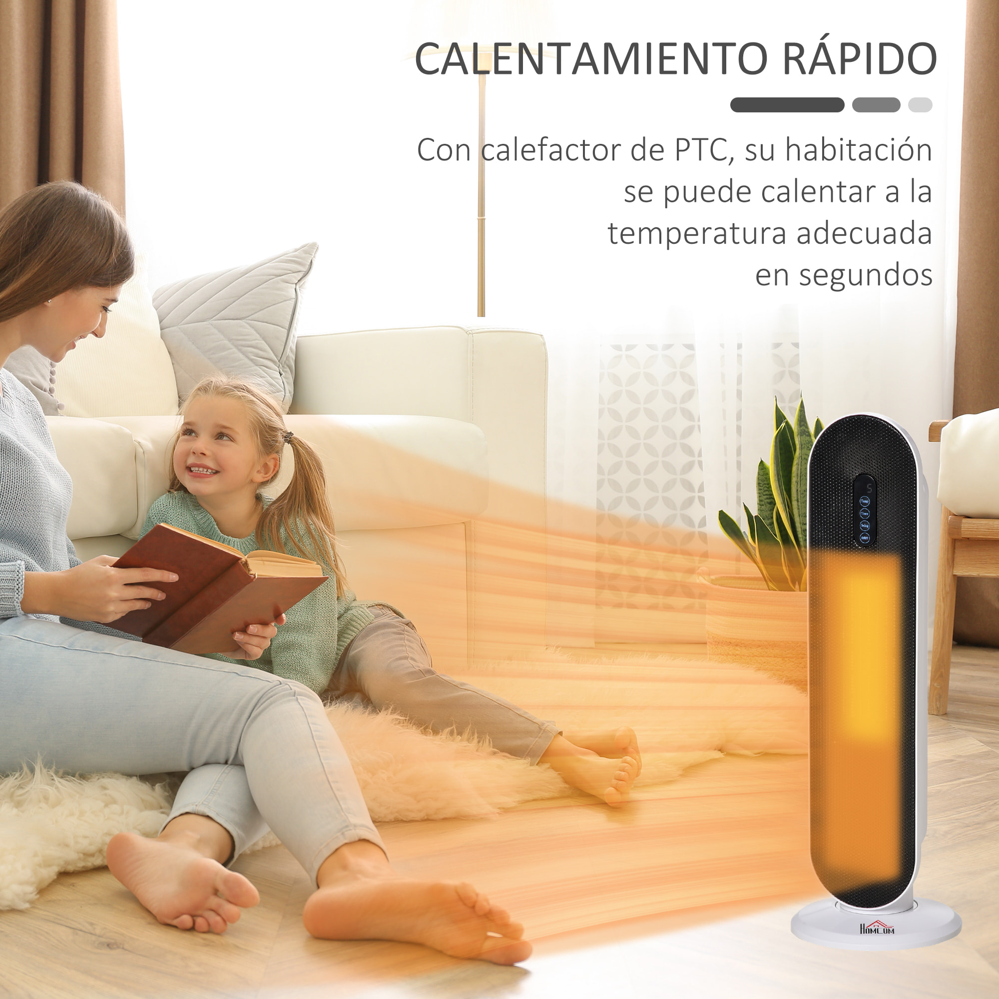 Calefactor Cerámico de Torre 1200W/2000W con Mando a Distancia Termostato Temporizador de 24H y Sistema Antivuelco para Sala de 20 m² 21x21x63,5 cm Blanco y Negro
