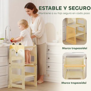 Torre de Aprendizaje 3 en 1 Plegable, Convertible en Escritorio y Silla, Taburete de Aprendizaje para Niños de 2-5 Años con Pizarra, Dibujos de Zorros, para Baño, Cocina, Natural