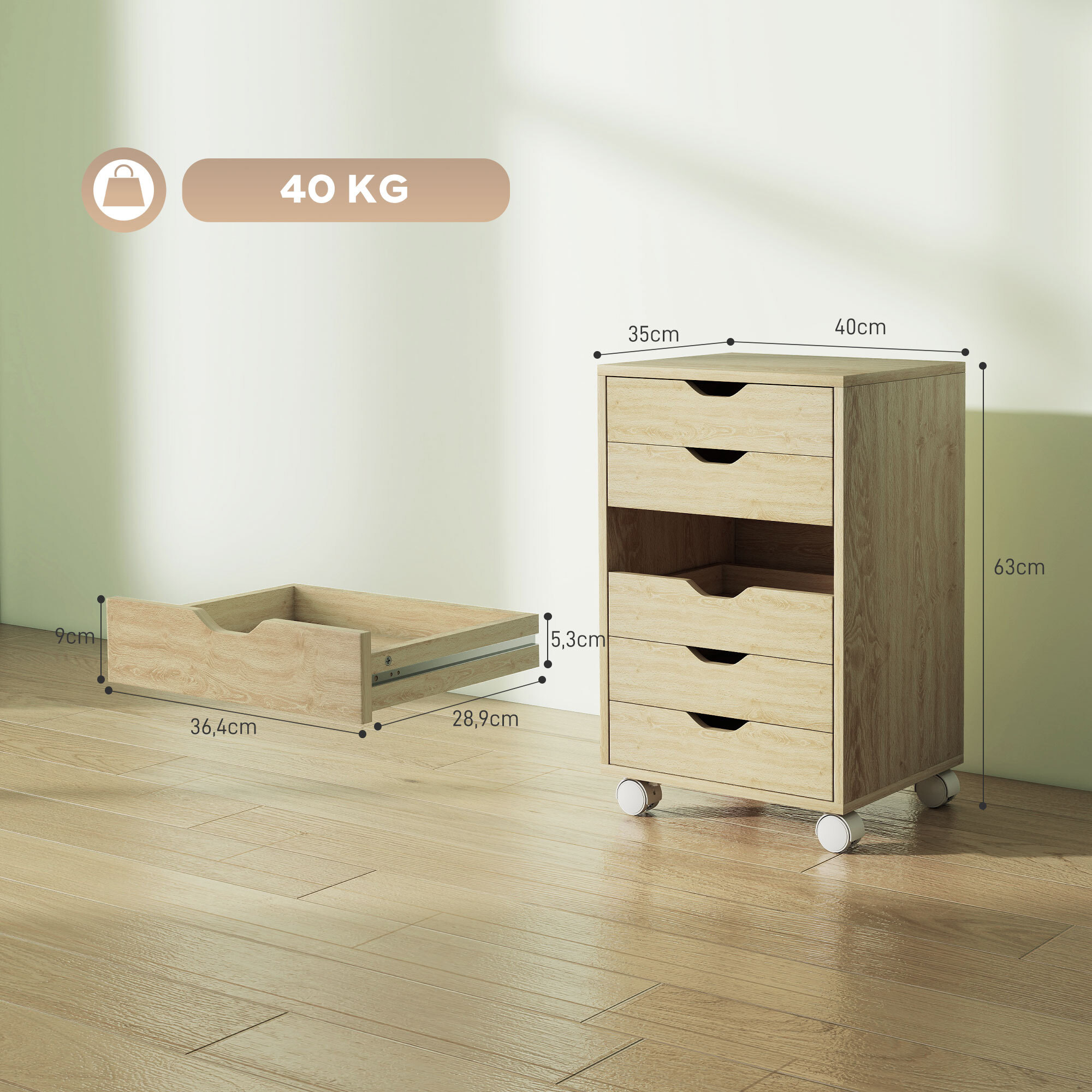 Cajonera Escritorio, Archivador Móvil con 6 Cajones, Soporte para Impresora con Ruedas, Guías Deslizantes Silenciosas, para Oficina, Casa, Roble