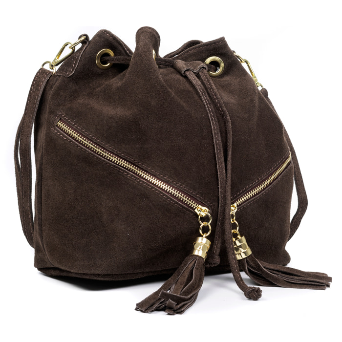 Arzene bolso bandolera piel auténtica gamuza. Diseño fruncido y borlas en el frontal