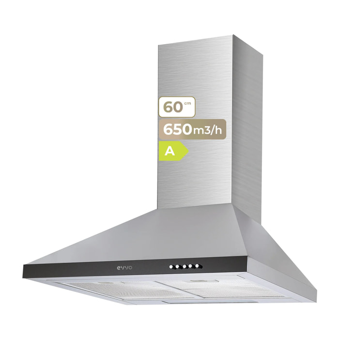 Campana Extractora EVVO CE21 Pyramid, 60 cm, Inox, 650 m³/h, 3 Velocidades, Energía A
