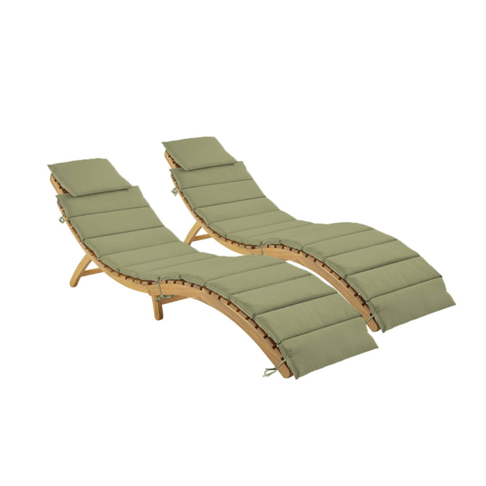 Lot de 2 bains de soleil en bois d'acacia LAURE avec coussin kaki en polyester. 184 x 55 x 63.5 cm