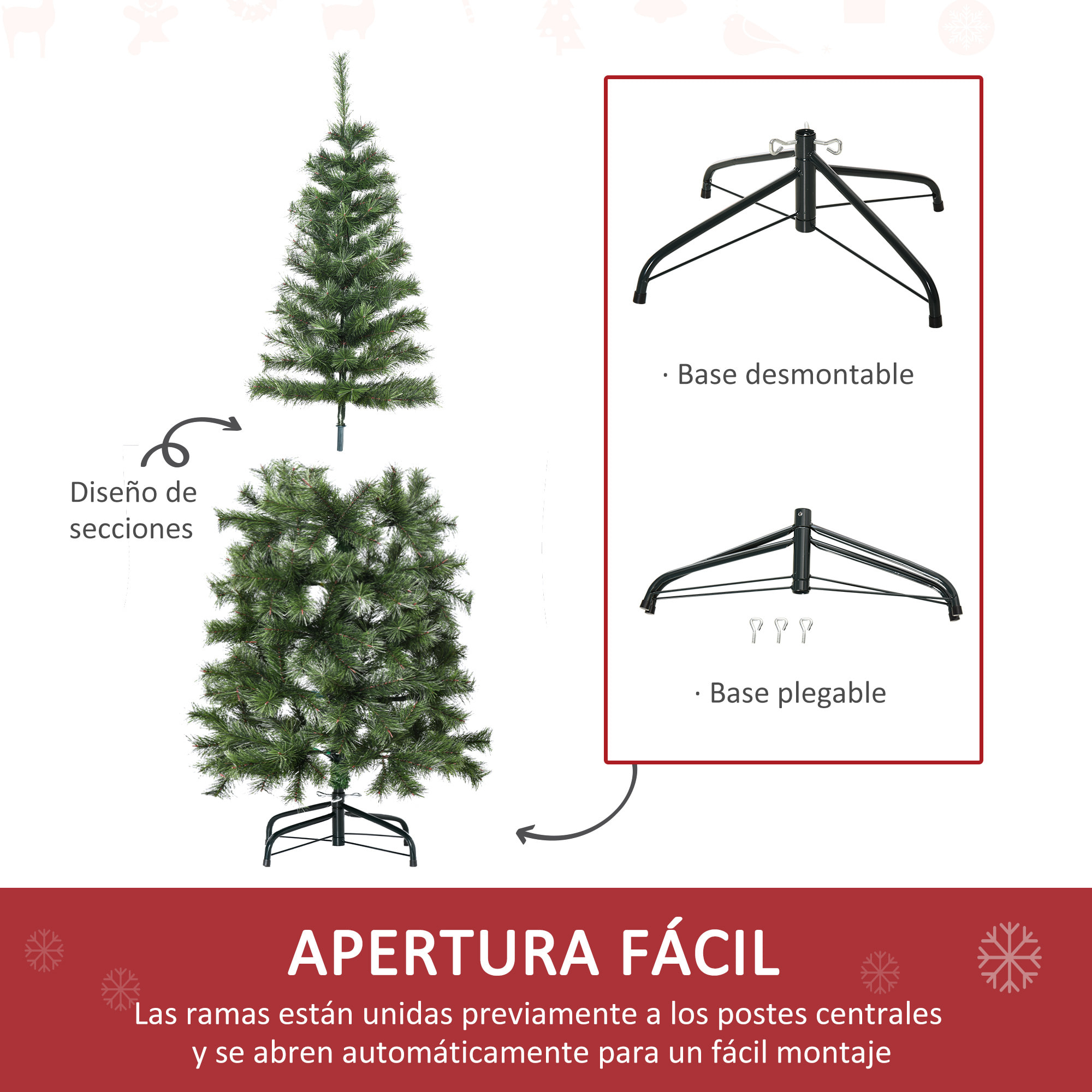 HOMCOM Árbol de Navidad Artificial 150 cm Ignífugo con 367 Ramas Hojas de PVC Apertura Automática Base Plegable y Soporte Metálico Decoración Navideña para Interiores Verde