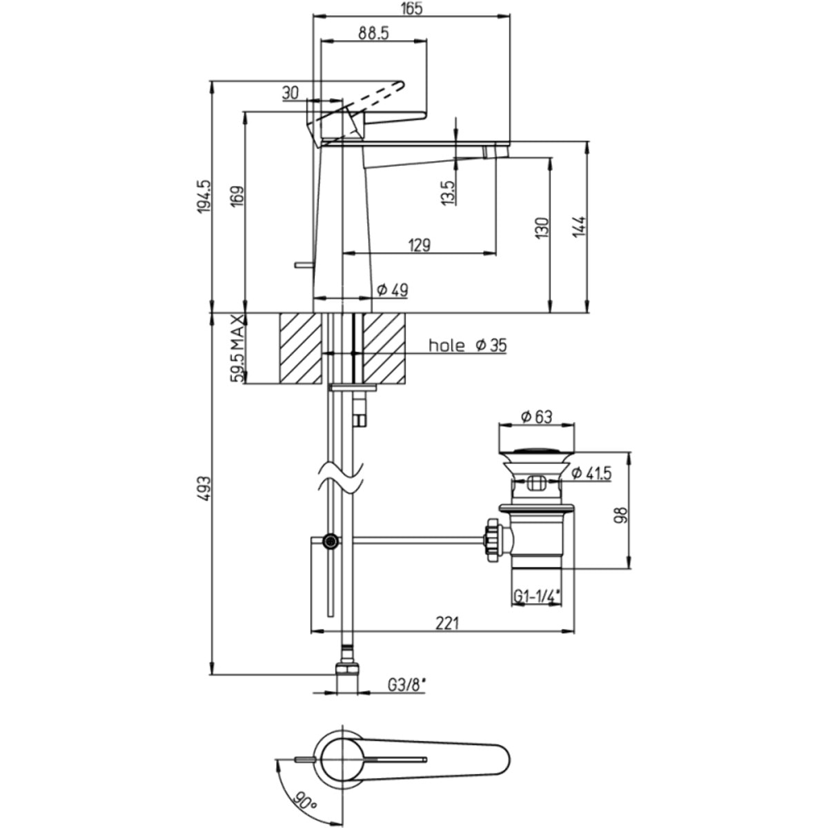 Mitigeur lavabo Conum ouverture dessus avec tirette Chrome Or brossé