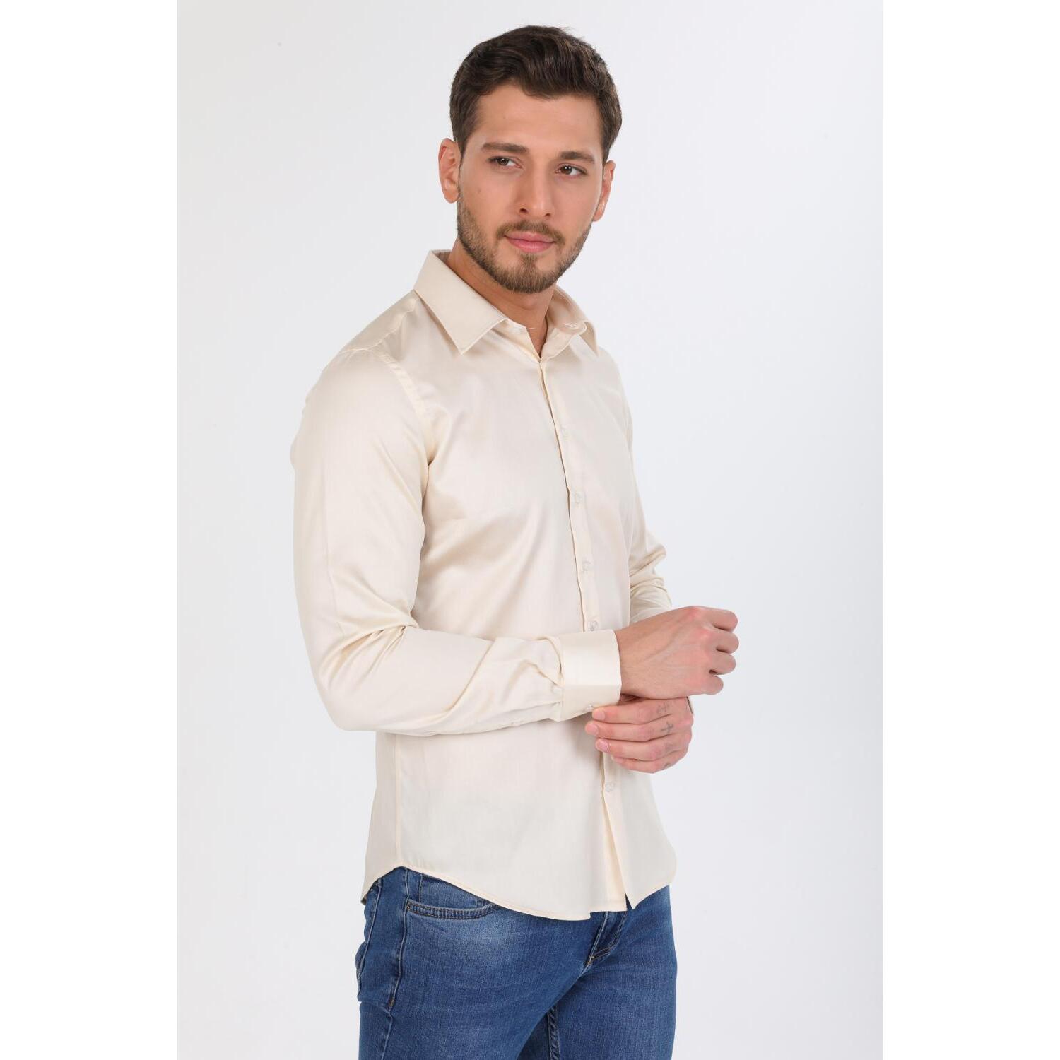 Camicia Uomo 1 Bottone Italiano Slim Satin Unito Champagne