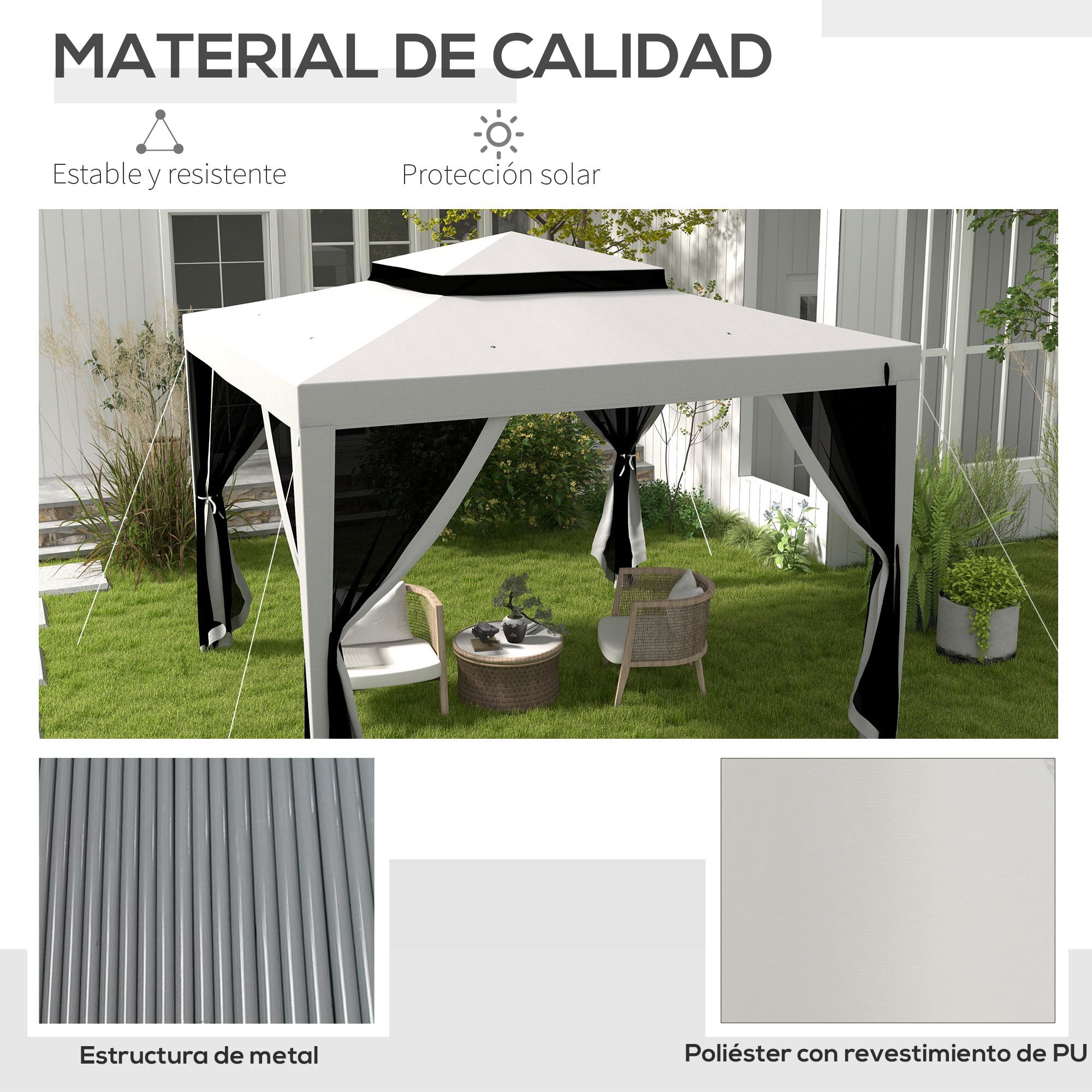 Carpa de Jardín 3x3 m Cenador Gazebo con 4 Mosquiteras Laterales Techo Doble 8 Orificios de Drenaje y Marco de Metal para Terraza Patio Exterior Gris