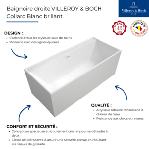 Baignoire droite 180 x 80 VILLEROY & BOCH Collaro acrylique blanc brillant avec vidage et trop plein blanc brillant