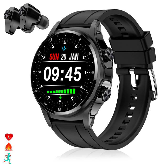 Smartwatch GT66 multideporte, mediciones de tensión y O2 en sangre, con auriculares TWS 5.1 integrados.
