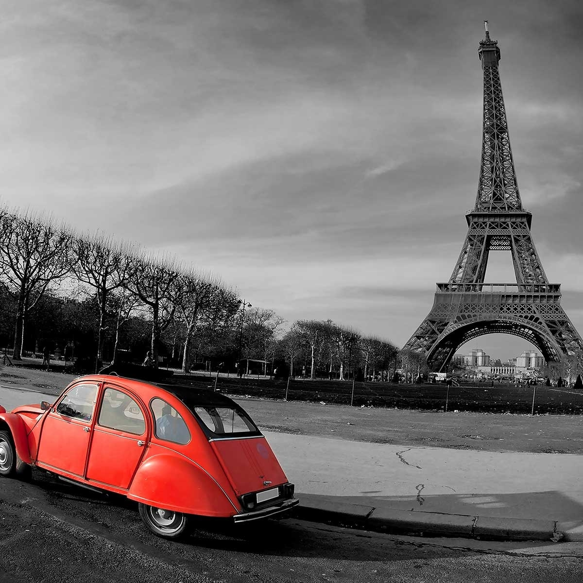 Affiche paris tour eiffel et 2cv rouge Affiche + cadre en bois - Noir