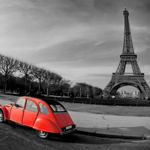 Affiche paris tour eiffel et 2cv rouge Affiche + cadre en bois - Noir