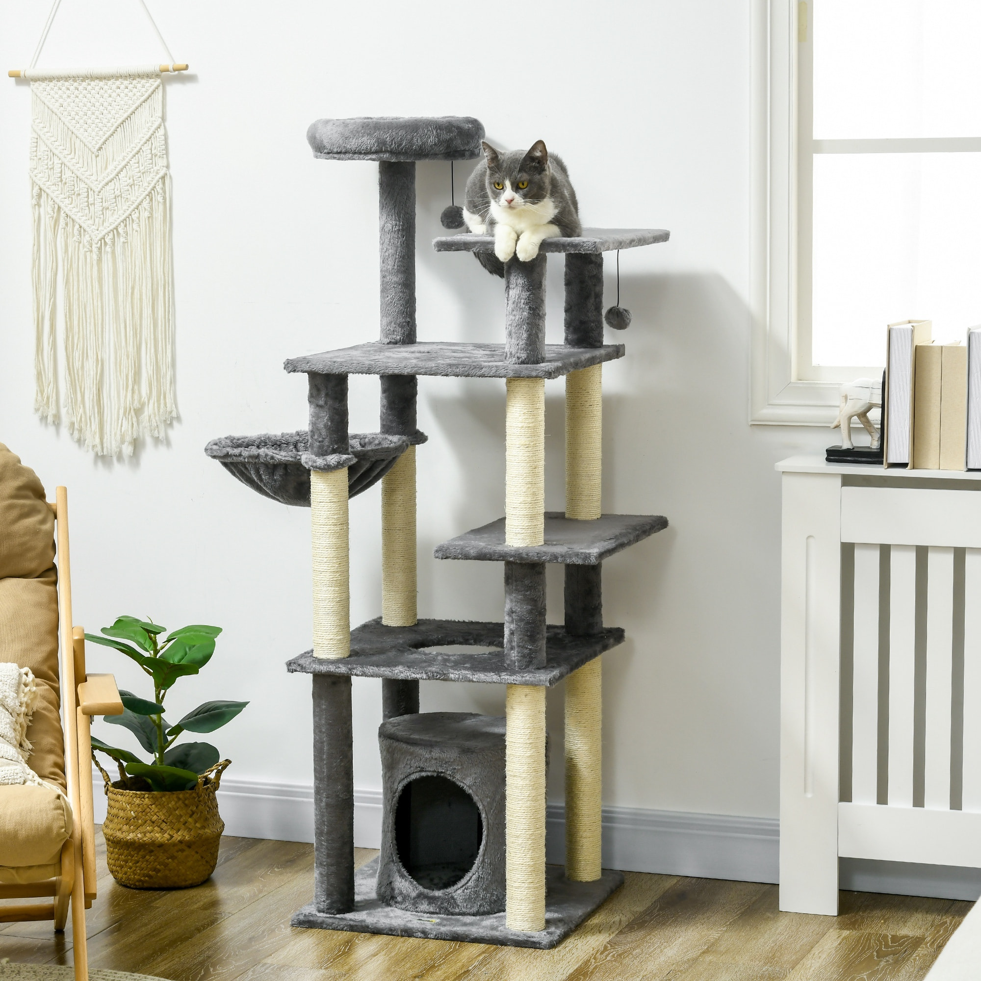 Árbol Rascador para Gatos Grande de 144 cm Torre para Gatos Interior con 4 Formas Postes para Rascar Cama Cueva Plataformas y Bolas Colgantes 49x49x144 cm Gris