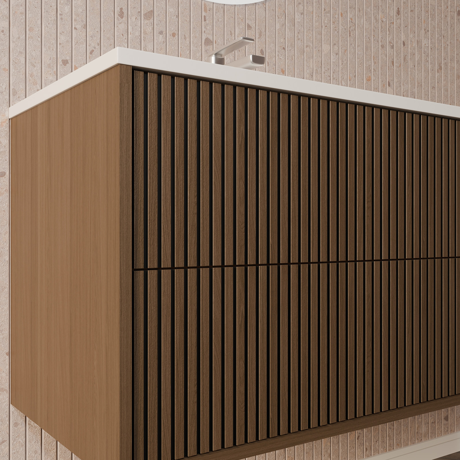 Meuble Salle de Bains YUKI 60 - 2 Tiroirs Décor Chêne et Noir - Vasque Blanche - Miroir LED 60