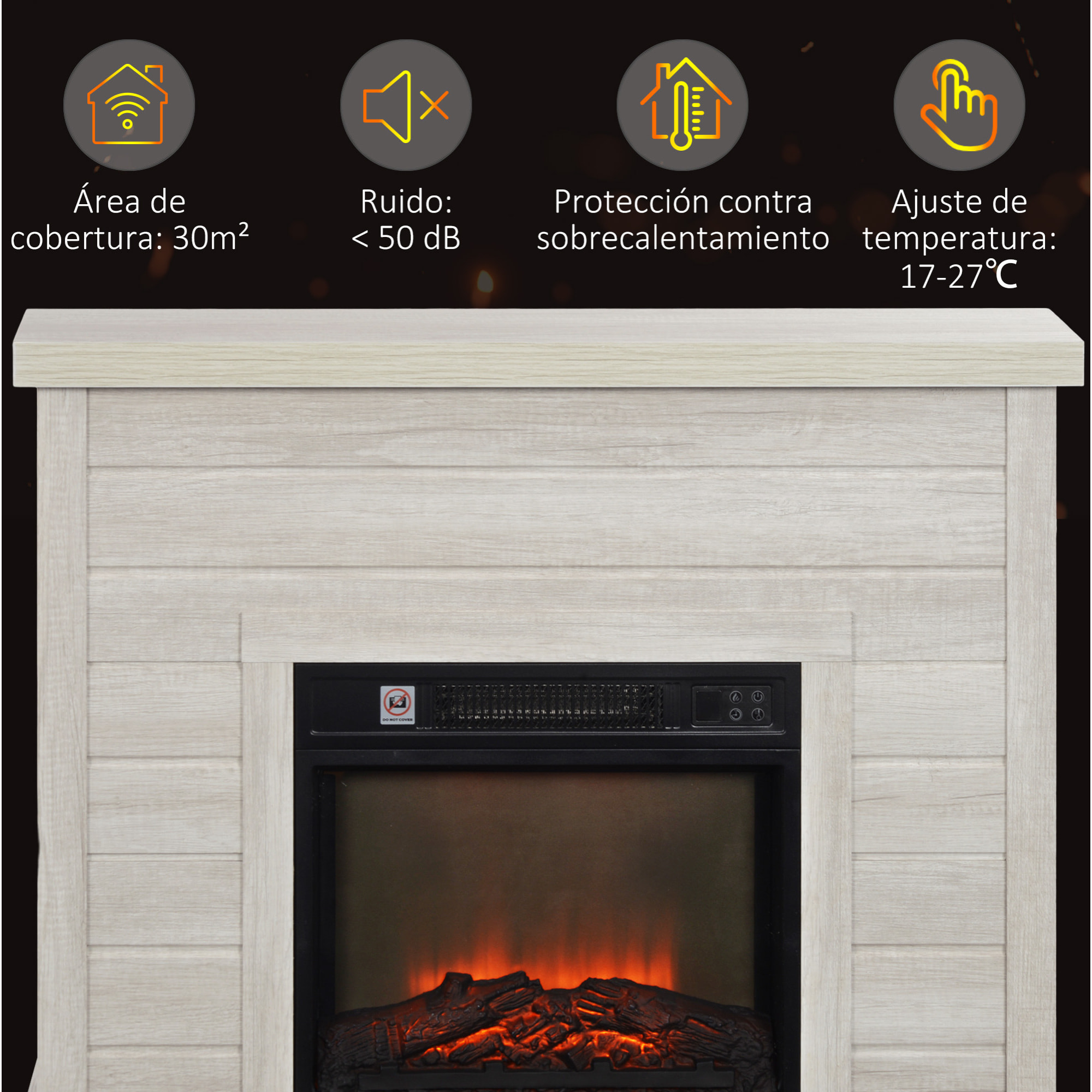 Chimenea Eléctrica 1800W Chimenea Decorativa con Efecto de Llama Mando a Distancia Temporizador Semanal Protección Contra Sobrecalentamiento para Sala 30 m² Gris Claro