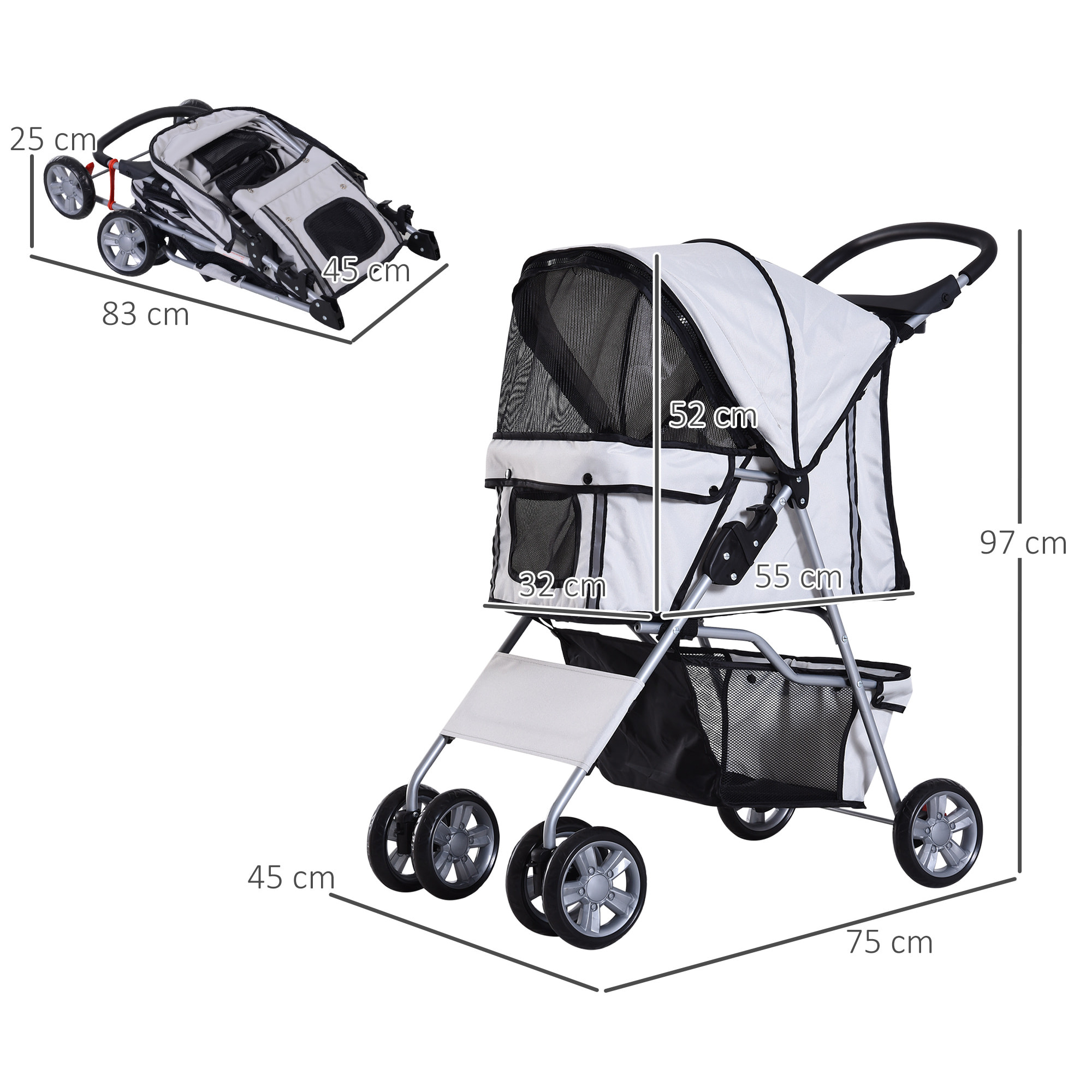 Poussette buggy pliable animaux chariot pliant chien chat porte-gobelet panier de rangement inclus roues avec frein tissu 600D Oxford métal gris