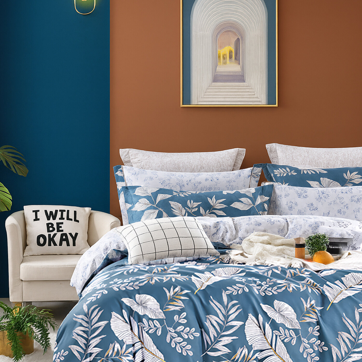 Parure housse de couette avec taie à volant 100% coton - Azuralis