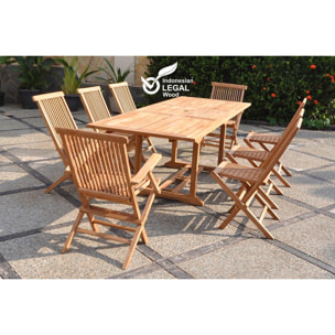 Table de jardin rectangulaire 6 chaises 2 fauteuils en teck ADAGNA