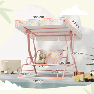 Columpio de Jardín Exterior para Niños de +3 Años Balancín de Jardín Exterior de 2 Plazas con Toldo Ajustable Arnés de Seguridad y Estampados Bonitos 112x75x120 cm Rosa