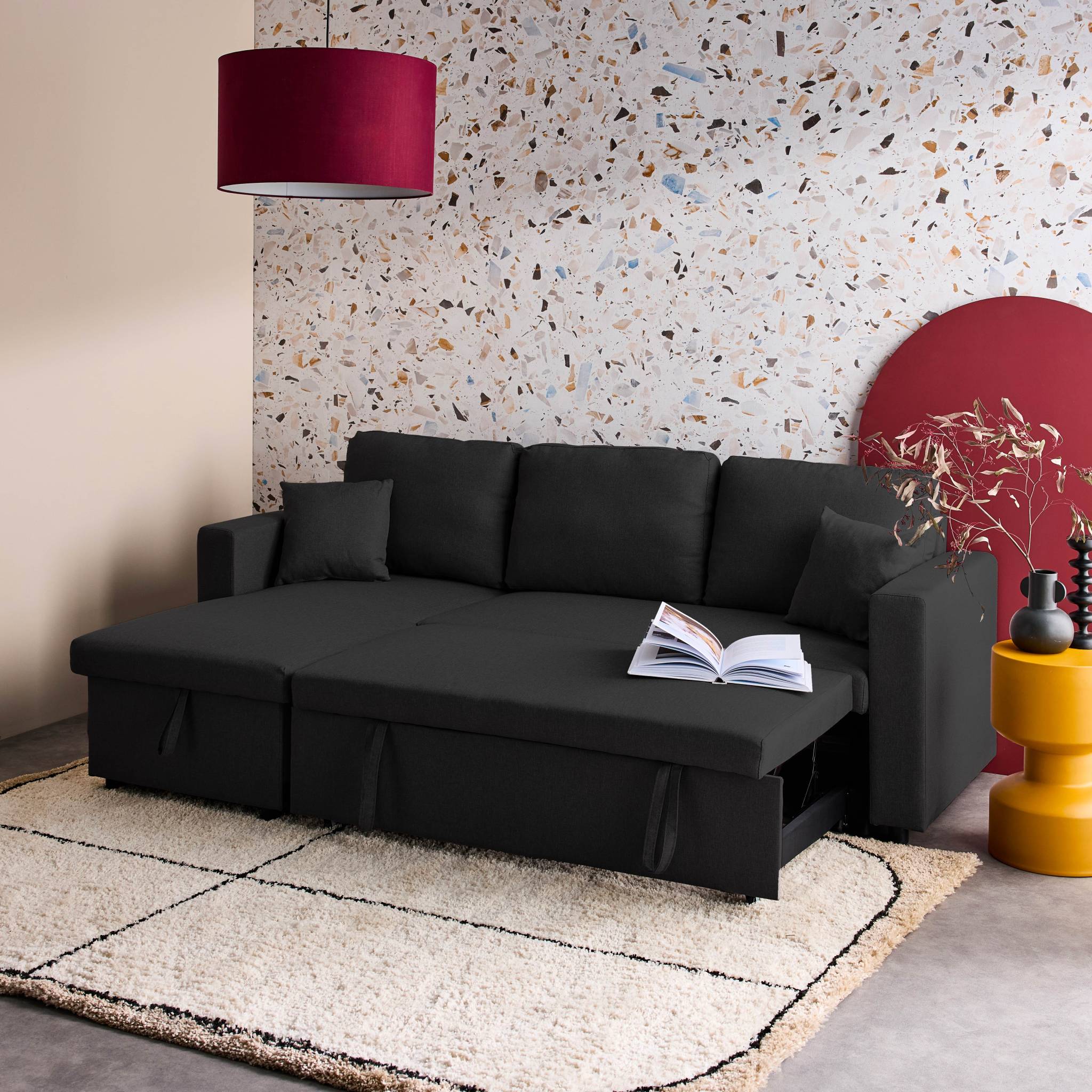 Canapé d'angle SMILE convertible réversible compact 3 places en tissu noir. L 213.5 x P 136.5 x H 83cm. avec coffre de rangement