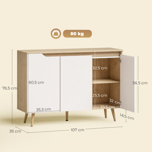 Aparador de 3 Puertas, Aparador de Salón con Estantes Ajustables, Patas de Madera, para Cocina, Entrada, Dormitorio, Roble y Blanco, 107x35x76,5 cm