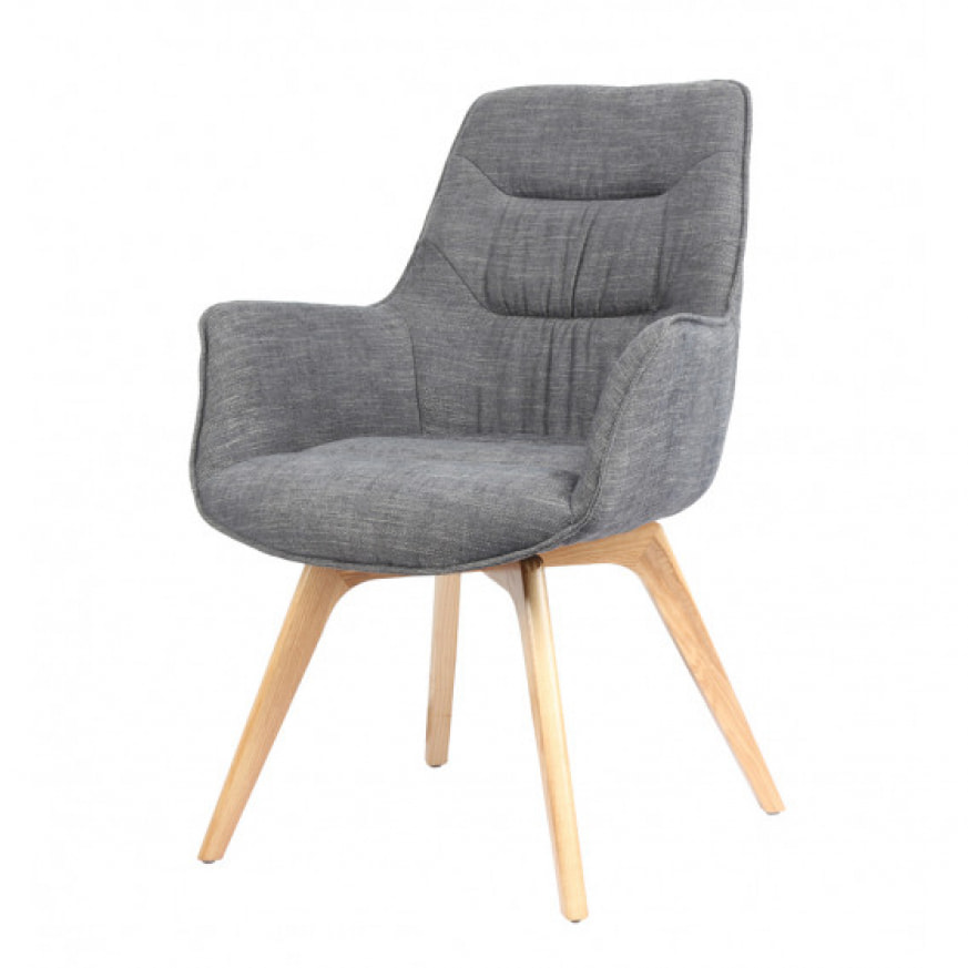 Fauteuil en tissu chiné gris avec accoudoirs et pieds en bois - MALMO