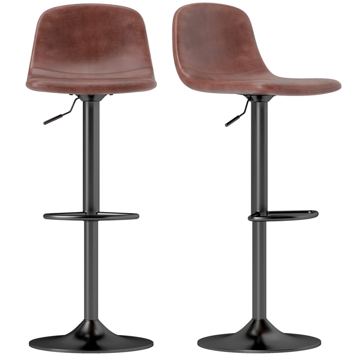 Juego de 2 Taburetes de Bar Taburetes Altos de Cocina Regulable en Altura 84-104 cm con Respaldo y Reposapiés Tapizado en PU Giratorio en 360° para Comedor Mostrador Marrón