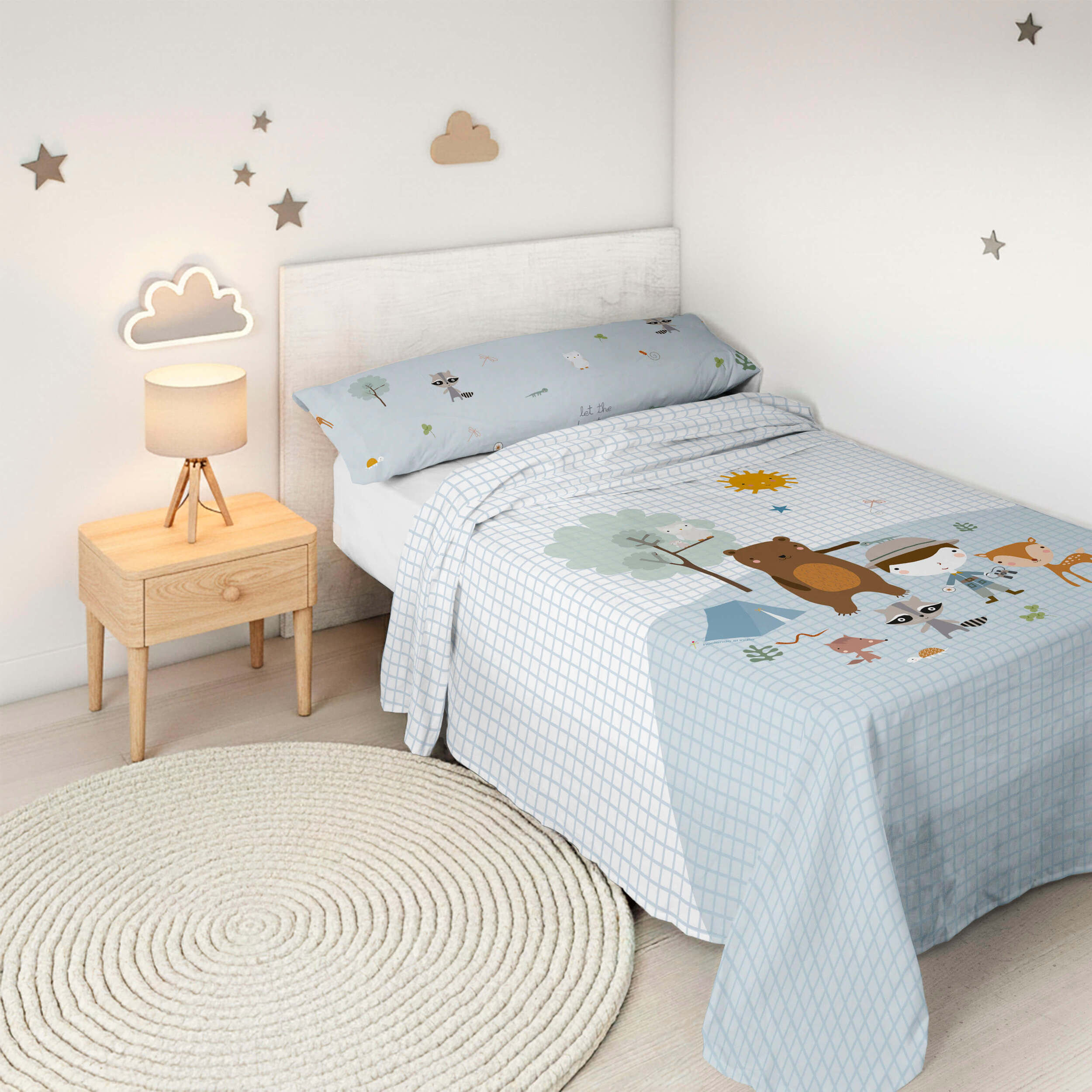 Juego de Sábanas Estampadas - Infantil - Incluye 1 Funda de Almohada - 100% Algodón - Aventura Bosque