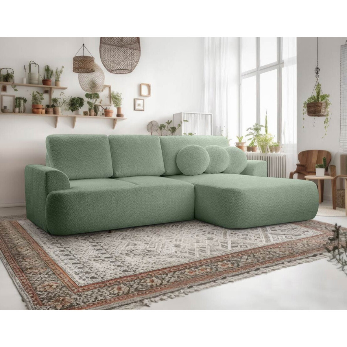 Candela - canapé d'angle droit 4 places - convertible avec coffre - en tissu bouclette - Vert sauge
