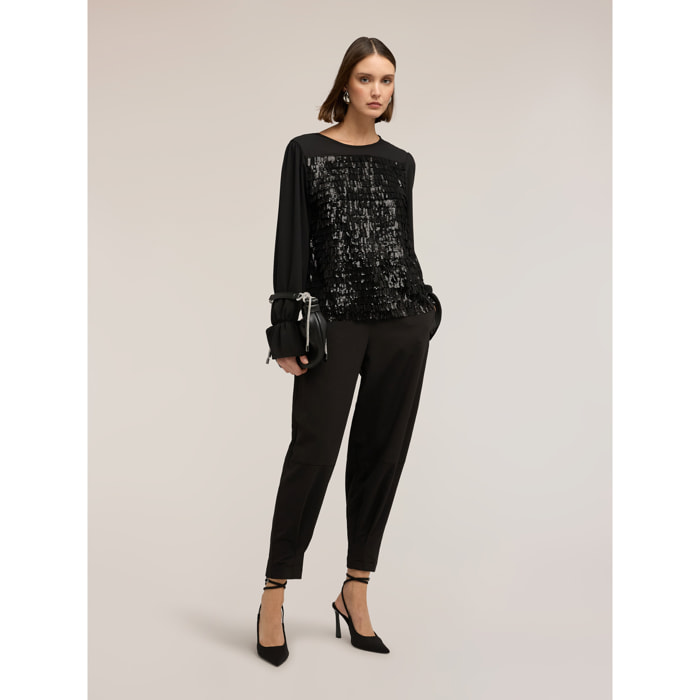 Motivi - Blusa en georgette y bordado de lentejuelas - Negro
