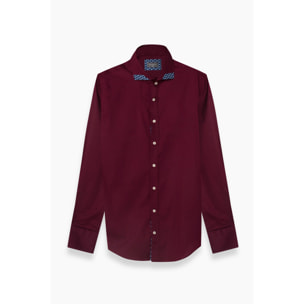 Camicia Uomo 1 Bottone Francese Contrasto sul Collo Popeline Stretch Unito Bordeaux